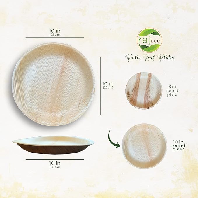 Raj Palm Leaf Plates [100-Pack] 10" Round Plates like Bamboo plates Disposable, Strong, Decorative Compostable Tableware for wedding, Lunch, Dinner, Birthday, Camping, Outdoor BBQ, Picnic…