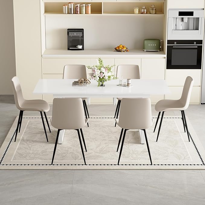 Extendable Dining Table Set for 6, 55"–71" Modern White Kitchen Table with 6 Upholstered Chairs, Space-Saving for Living Room Apartment, Sturdy & Comfortable, Easy Assembly
