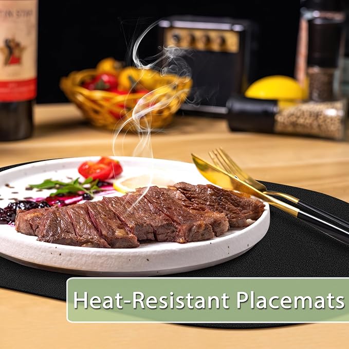 Placemats for Dining Table Set of 6 Non-Slip, Heat Resistant Oval Leather Placemat Double Layer, Waterproof Table Mats Easy to Clean for Kitchen Dining Room Coffee Office Table, Black