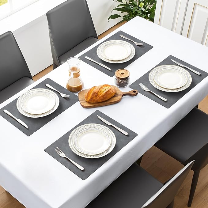 MOSAYT Vinyl Placemats Set of 4-12 X 17 Inch - Faux Leather 100% Waterproof Oil-Proof Wipeable PU Place Mats, Heat Resistant Reversible Table Mats for Kitchen, Dining, Outdoor (Grey)
