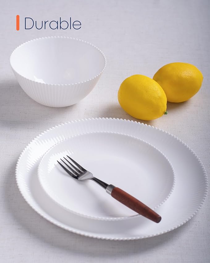Dinnerware Sets for 4, 12 Pieces Opal Glass Plates and Bowls Set, Dishwasher and Microwave Safe Ribbed Dish Dinning Ware, Chip and Scratch Resistant Dishware, White