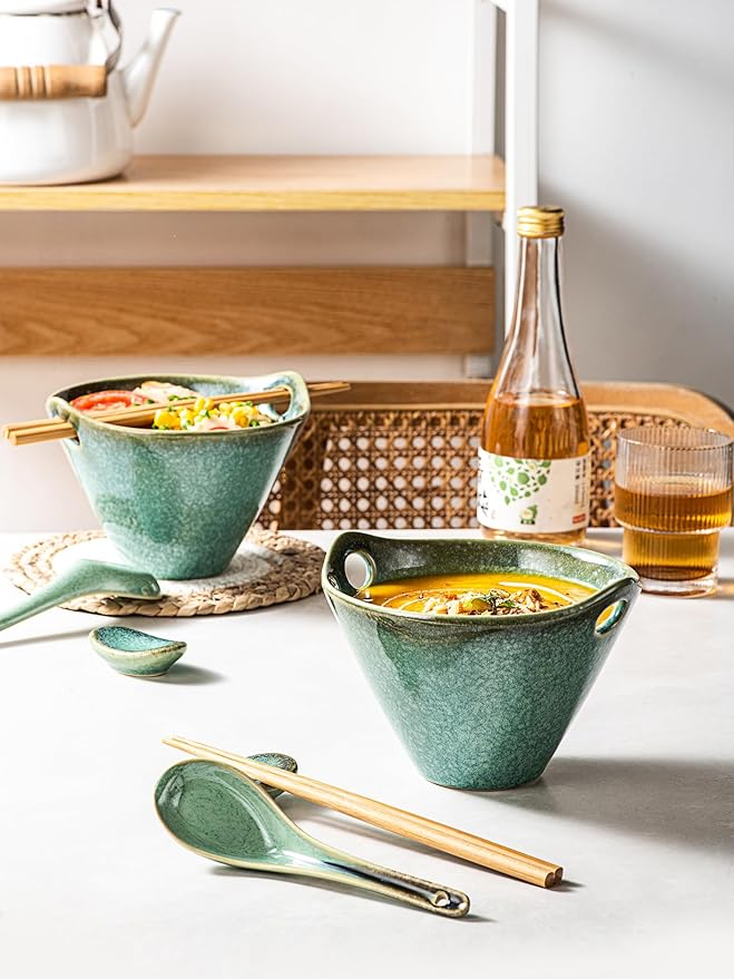 HENXFEN LEAD Japanese Ramen Bowls Set of 2 - Deep Ceramic Noodle Bowls with Spoons, Chopsticks and Holder, 20 Oz Serving Bowls for Pho, Udon, Soup - Reactive Green