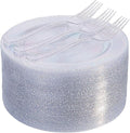 I00000 144Pcs Silver Glitter Dessert Plates Set, Includes 72Pcs Plastic Dessert Plates 7.5",72Pcs Silver Forks 7.4", Plastic Salad Plates for Birthday, Wedding & Party