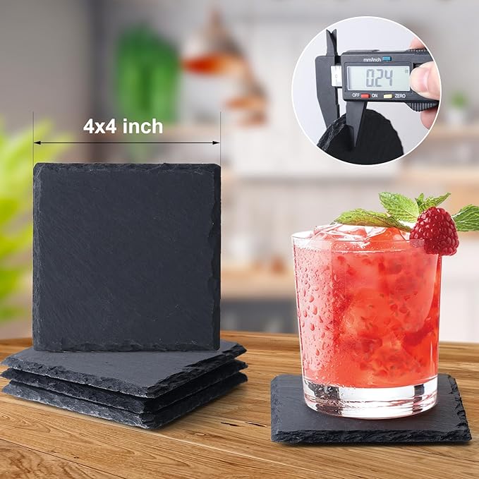 Slate Coasters Set of 48,4-Inch Black Square Stone Drink Coasters with Scratch-Resistant Backing,Durable Tabletop Protection for Home Office Kitchen,Ideal Housewarming Wedding Gifts