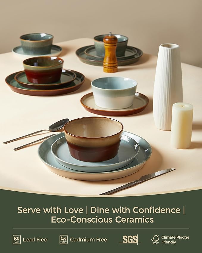 Plates and Bowls Sets for 6, Ceramic Dinnerware Sets, Kitchen Dish Set, Microwave & Dishwasher Safe Dishware, Highly Durable Reactive Glazed Dinner Set, Brown Green
