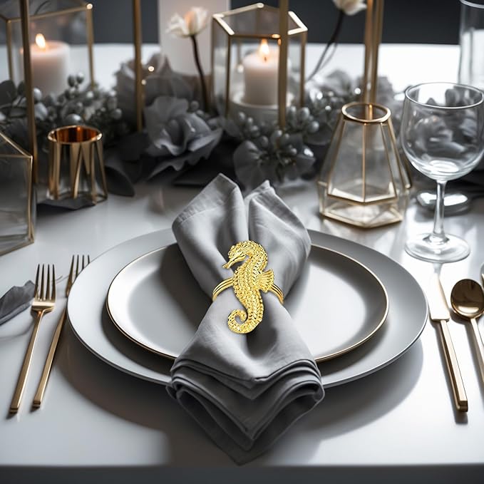 Decozen Set of 16 Gold Napkin Rings in Sea Horse Design, Festive, Table Decor Setting for Holiday, Wedding, Birthday, Kitchen, Home Decor, Housewarming Gift - Mothers Day Decorations