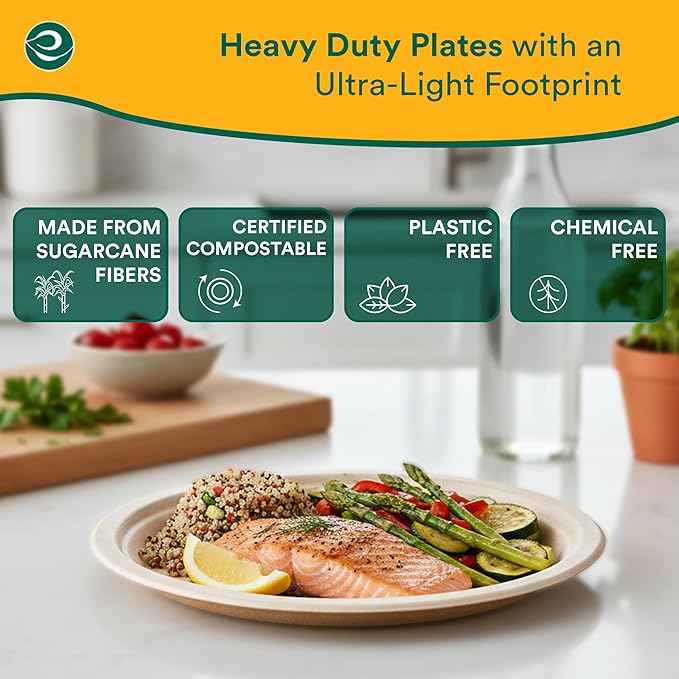 ECO SOUL Compostable 9 Inch(400-Pack) Biodegradable Heavy-Duty Disposable Eco-Friendly Paper Plates for Dinner & Parties, Wedding, Event