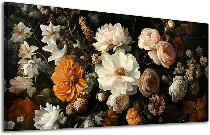 ADJUVANT Wall Art Vintage Floral Bouquet 48" L x 24" W, Flowers Peonies And Roses Canvas Painting Botanic Artwork Blossoms Prints Floral Wall Decor for Living Room Bedroom Dining Room Home Office
