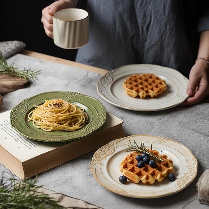 salad plates set of 4, 10.5 inch Reactive Glaze Stoneware Dinner Dish Set for Dessert, Salad, Appetizer, platos de ceramica Dishwasher & Oven Safe, Scratch Resistant-4 Colors