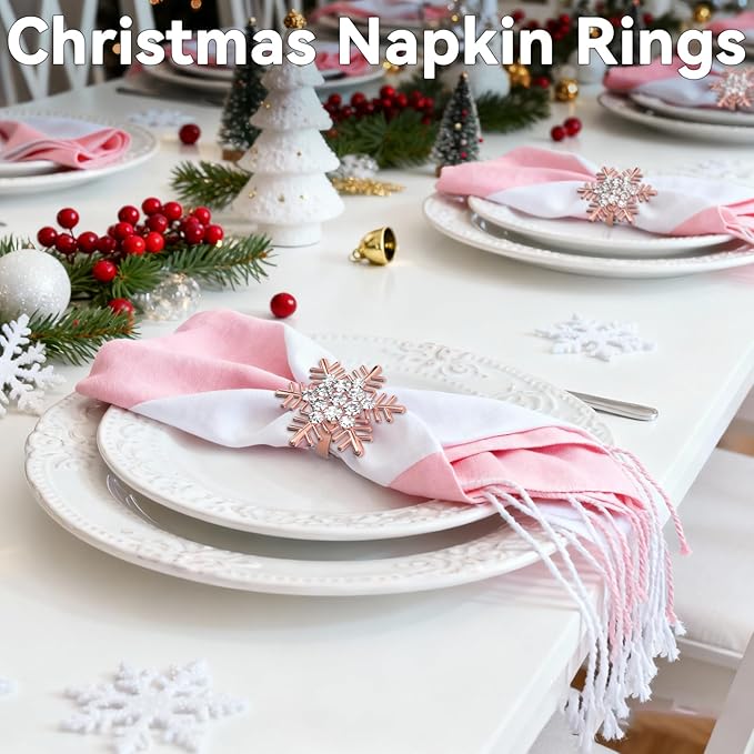 ZeeDix Christmas Snowflake Napkin Rings Set of 8- Rose Gold Rustic Dinner Tables Setting Decoration for Wedding Receptions, Christmas Holiday Party Dinner Parties