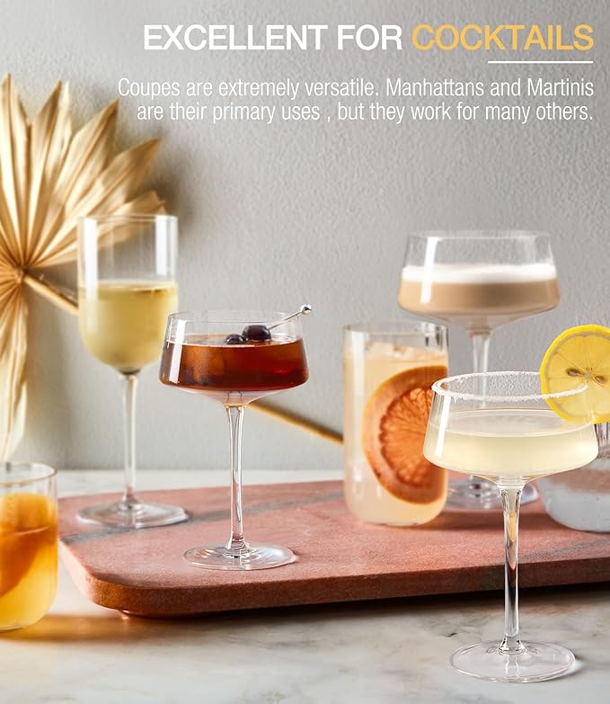 LUNA & MANTHA Coupe Glasses Set of 4, Martini Glasses Hand Blown Premium Crystal Cocktail Glassware for Manhattan, Margarita, Espresso Martini, Birthdays, Housewarming Gift,8oz Clear