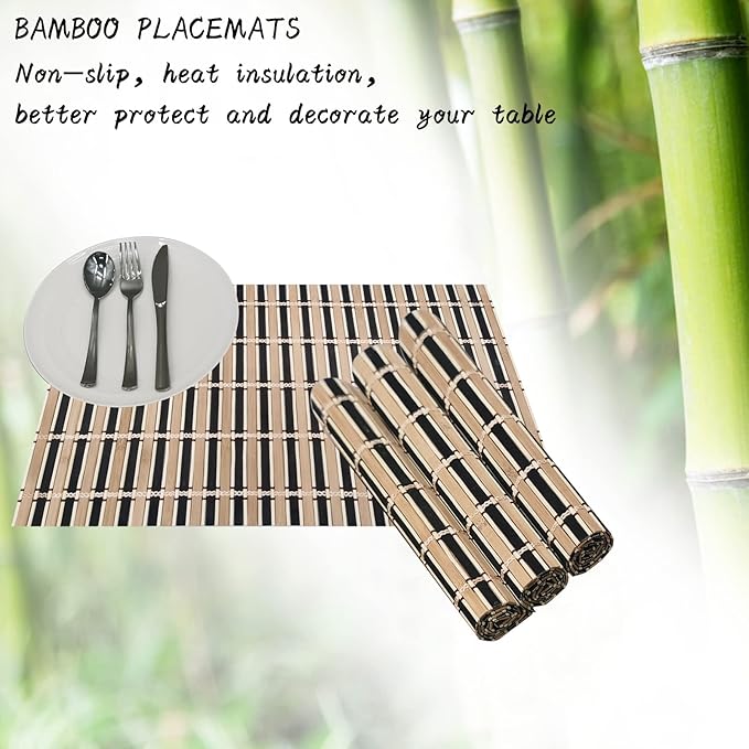 ANDSTAR Set of 8 Bamboo Slats Placemat Modern Placemats Natural Anti-Slip Bamboo Placemats Washable Heat-Resistant Table Mats for Kitchen Dinning Room Table Decor(Black)