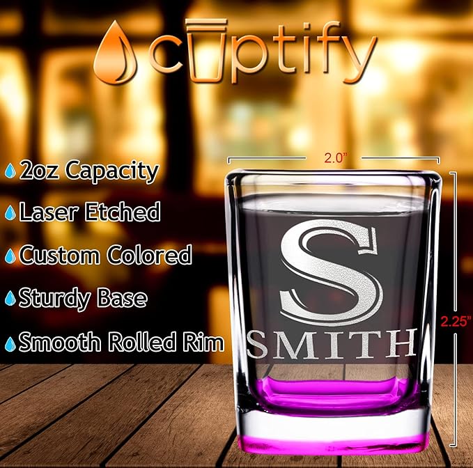 Personalized Square Shot Glasses Set of 25 Pink Bottom 2oz Engraved Initial and Name Custom Gifts, Weddings, Birthdays, Bachelorette Party and Decorations for Women