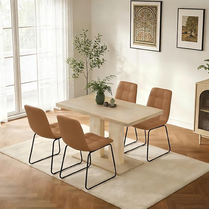 Modern 5-Piece Dining Table Set for 4, 46" Pedestal Dining Room Table with 4 Leather Chairs, Small Space Saving Kitchen Table Set, Natural Wood Finish Rectangle Table for Home & Apartment