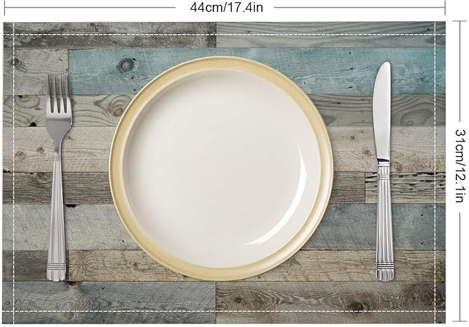 Rustic Plank Placemat Set, Vintage Old Shabby Colorful Beige Brown Blue Farmhouse Barn Wooden Board Pattern Home Decor Linen Table Mats for Dining Room Kitchen Party (17x12in) x6P