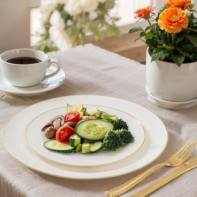 Nervure 100Pcs Ivory and Gold Plastic Plates - 7.5inch Disposable Ivory Dessert/Salad Plates - Heavy Duty Plastic Plate Ideal for Wedding & Party