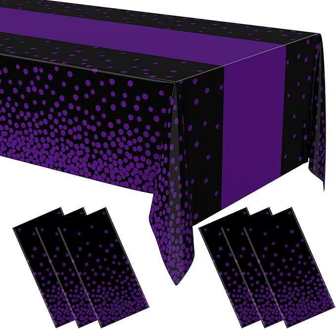 Oudain 6 Pcs Purple and Black Tablecloth for Parties Plastic Dot Tablecloths Printed Table Runner Waterproof Disposable Rectangle Table Cover for Christmas Birthday Wedding Party, 54" x 108"