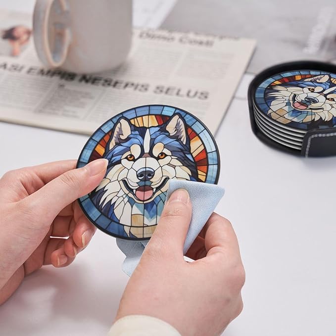 Drink Coaster Set of 6, Alaskan Malamute Dog Mom Lover Gift,Leather Drink Coasters with Holder,6 Pack Cup/Bar/Drink Coasters for Table/Drinks/Coffee Protection Housewarming Gift