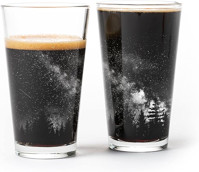 Black Lantern Nature Themed Pint Glasses Set of 2 – Pint Glasses in Unique Designs for Craft Beer Enthusiasts - (Set of Two 16oz. Glasses) - Beer Glasses for Nature Lovers (Stars & Night Landscape)