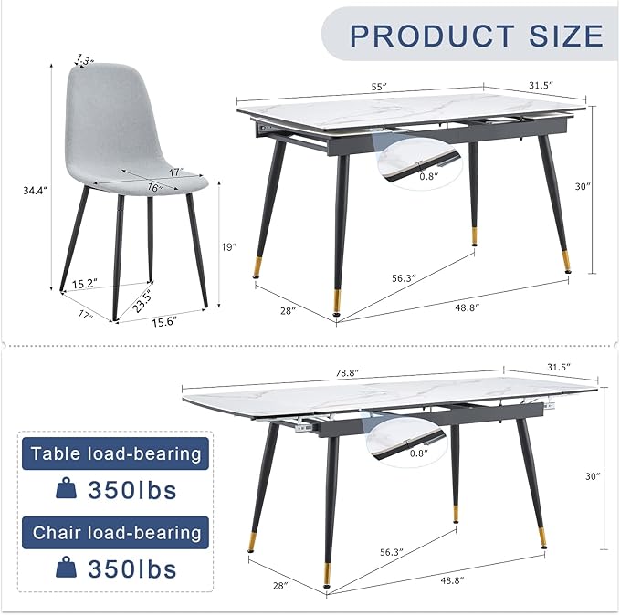 Extendable Dining Table Set for 4, 55'' to 78.8'' Rectangular Thickened Sintered Stone Kitchen Table with 4 Upholstered Chairs, Modern Space Saving 5-Piece Dinner Table Set