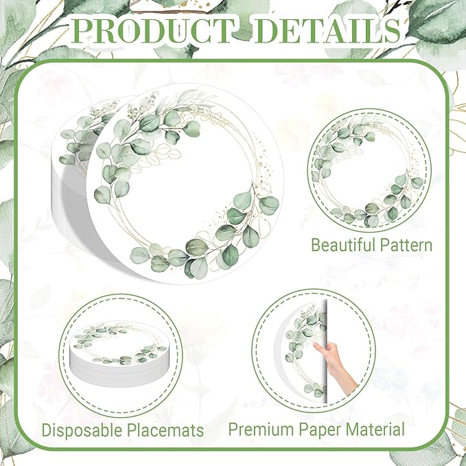 50PCS Eucalyptus & Gold Disposable Paper Placemats 13.5 Inch Spring Summer Round Eucalyptus Leaves Table Mats for Weddings, Bridal Showers & Modern Dining