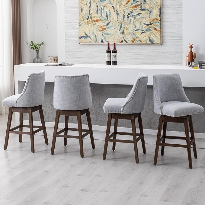 27.5" Counter Height Bar Stools Set of 2, Linen Fabric Mid Century Modern Swivel Barstool with Back & Wood Legs Comfy Upholstered Counter Chairs for Home Bar/Dining Room/Restaurant, Grey