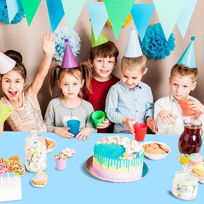 54 Inch X 200 Feet Plastic Table Cover Roll with Convenient Slide Cutter, Disposable Plastic Table Cloth Roll with Cut-to-Size Design for Weddings, Banquets, Parties (Light Blue)