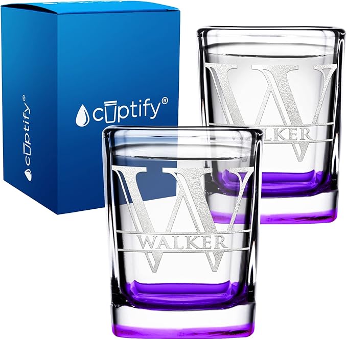 Personalized Glasses Set of 2 Initial and Name 2oz Purple Bottom Etched Square Shot Glass Engraved with Custom Text Birthday Gift for Men and Women