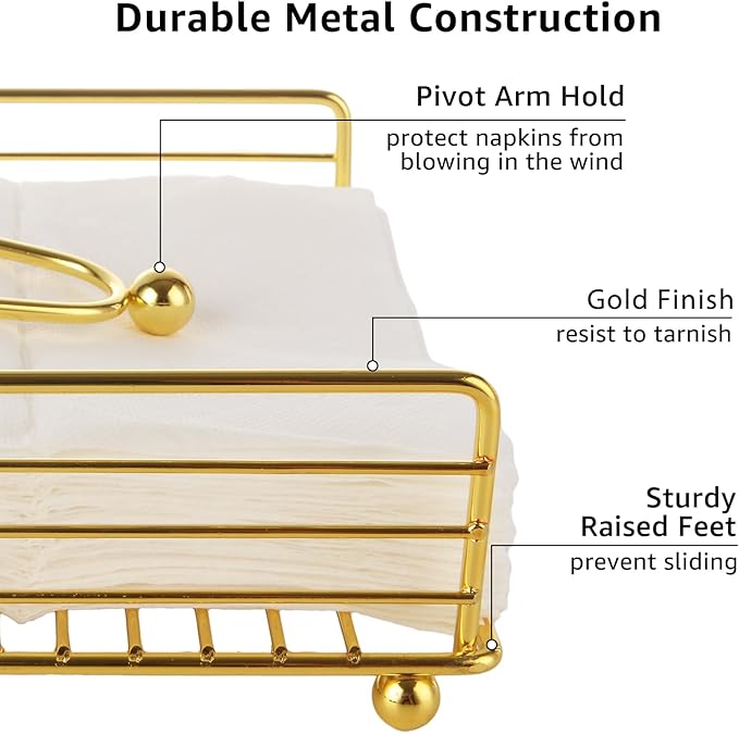 3PCS Napkin Holders for Paper Napkins, Gold Flat Napkins Holders, Metal Napkin Dispenser for Kitchen Tables, Farmhouse, Dinner, Outdoor