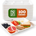 Compostable 5-Compartment Paper Plates, 100 Count, 12.5 x 8.6 inch, Disposable Divided Lunch Trays, Biodegradable Bagasse Sectional Plates for Buffet, Parties, Events & Daily Use, (White)