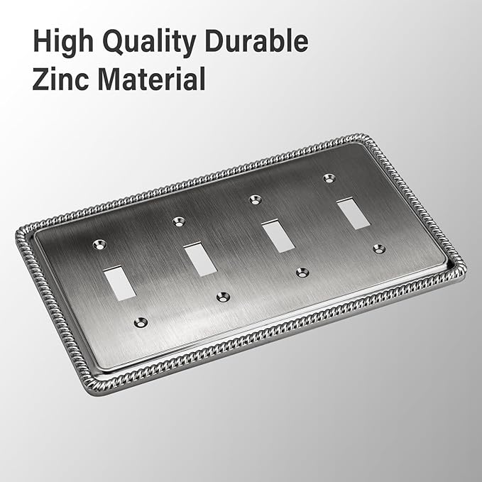 Henne Bery Rope Edge Decorative Wall Plate Switch Plate Outlet Cover (Quad Toggle, Heirloom Silver)