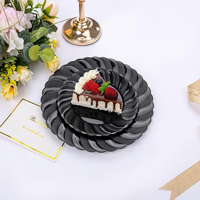 U-QE 100PCS Black Plastic Plates, Heavy Duty Black Disposable Plates Including 50PCS 9inch Dinner Plates & 50PCS 6.5inch Dessert Plates -Hard Plastic Plates for Party Wedding Bridal Shower