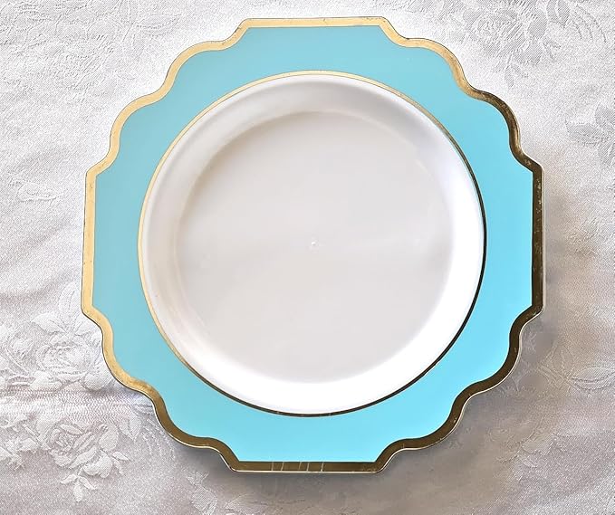 " OCCASIONS " 80 Plates Pack,(40 Guests) Heavyweight Wedding Party Disposable Plastic Plates -40 x 10.5'' Dinner + 40 x 8'' Salad/Dessert Plate (Imperial Aqua/Gold))