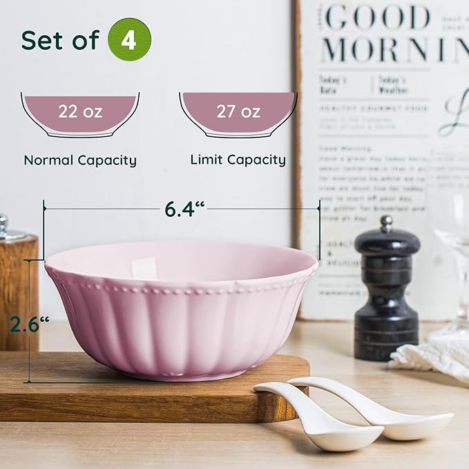 HOMBENE Ceramic Soup Serving Bowls for Kitchen, 6.4 Inch, Set of 4, Cereal Bowl Porcelain, Oven & Microwave Safe, Red
