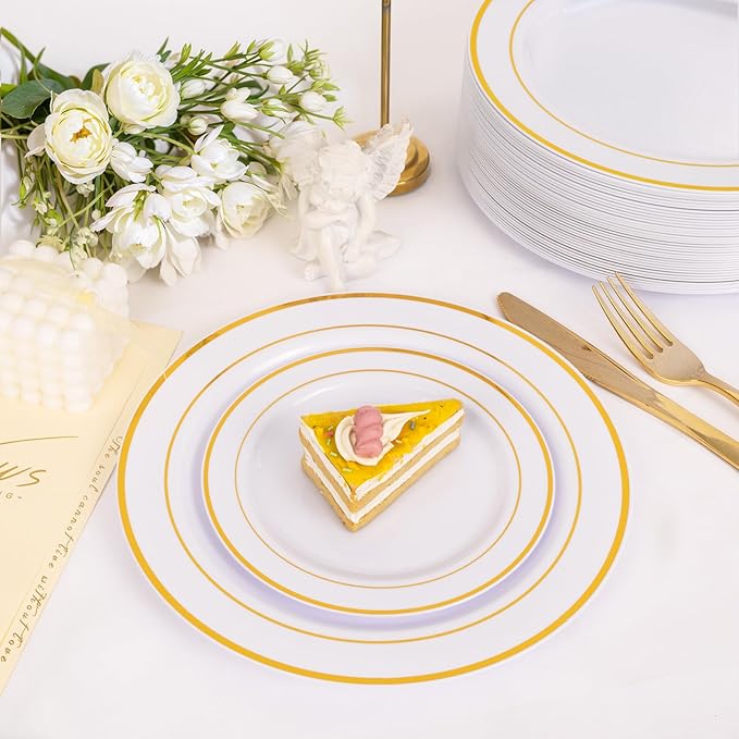 NOCCUR 200PCS Gold Plastic Plates - 100 Dinner / 100 Dessert Disposable Plates Heavy Duty - Ideal for Wedding/Party/New Year