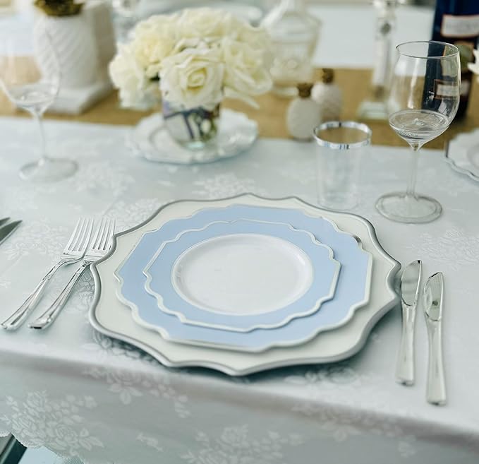 " OCCASIONS " 80 Plates Pack,(40 Guests) Heavyweight Premium Wedding Party Disposable Plastic Plates Set -40 x 10.5'' Dinner + 40 x 8'' Salad/Dessert (Imperial in White/Blue & Silver)