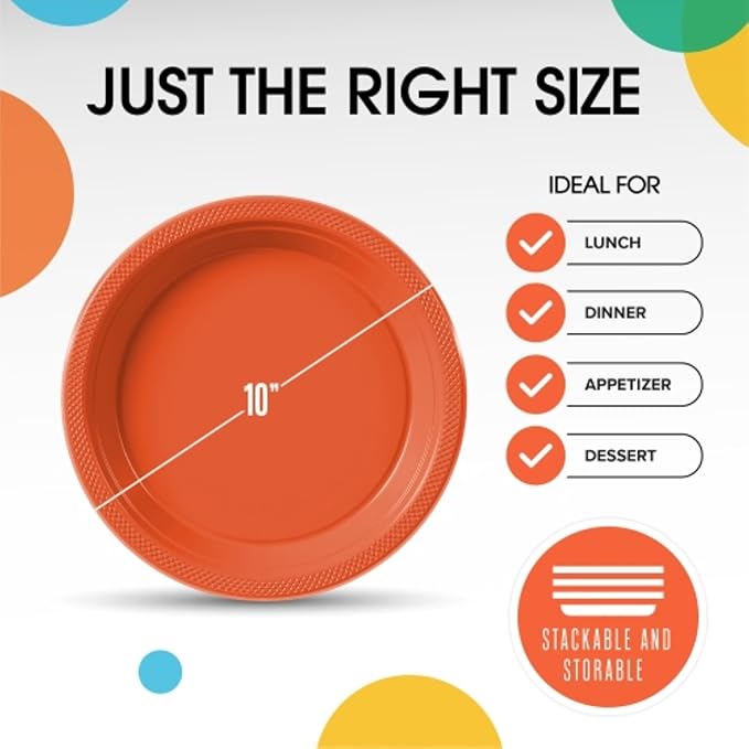 Orange Plastic Plates For Party 10" Orange Disposable Plates Heavy Duty 100 Pcs Plastic Dinnerware Sets Heavy Duty 350 GSM Disposable Dinnerware Set