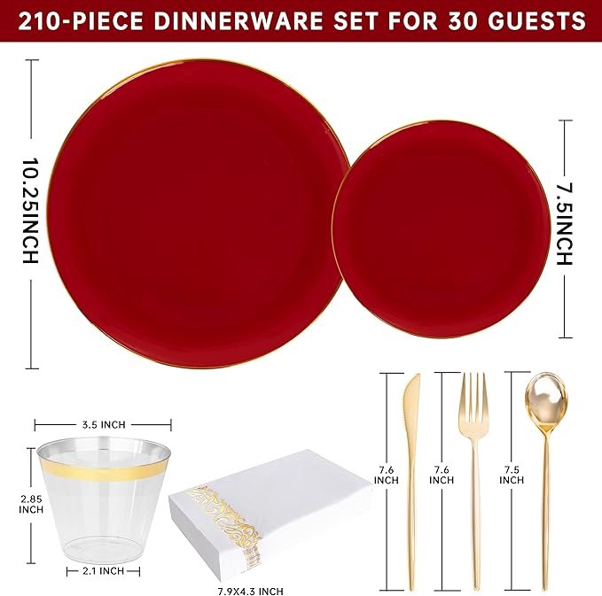 MirthMood 210pcs Red Plastic Plates,Disposable Red Gold Party Plates,Include 30 Dinner,Dessert Plate,30 Cup&30 Napkins, 90 Gold Silverware for Wedding & Party & Birthday（Plum Red）