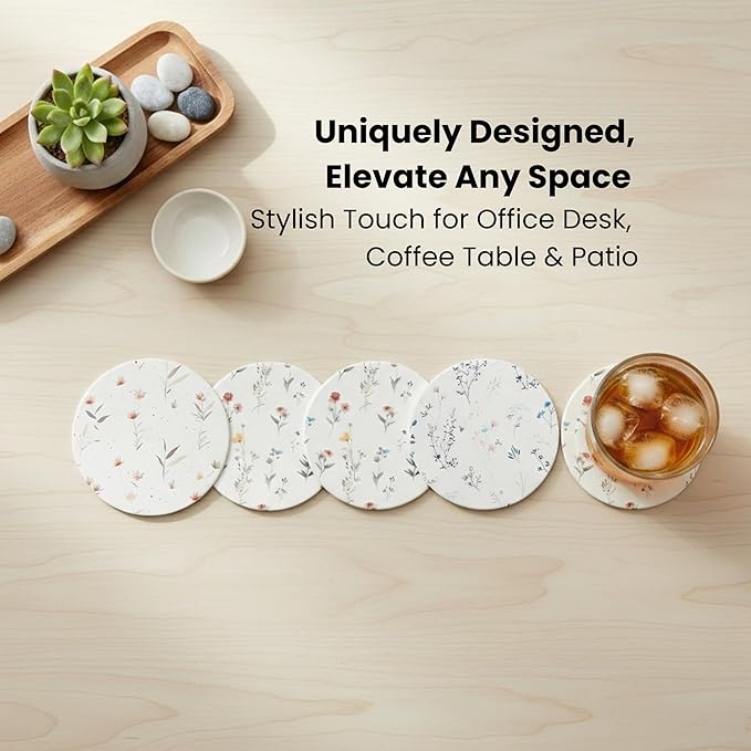 Ceramic Absorbent Coasters Set of 6 with Holder, Marble Drink Coasters for Coffee Table, Water-Absorbing Stone Coasters (Flowers Floral Design)