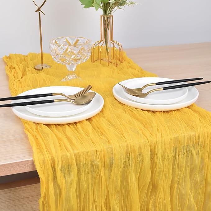 Joanlody Yellow Cheesecloth Table Runner Spring Easter 10Ft Rustic Gauze Boho Cheese Cloth Table Runner for Wedding Bridal Baby Shower Decoration 6 Pack