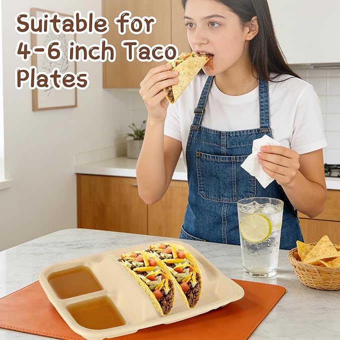 50 Pack Taco Plates Disposable With Dipping Sides - Biodegradable Cornstarch Taco Holder - Taco Stand for Taco Tuesday, Mexican Party, Picnics - Size Fit for 4-6 Inch Tortilla