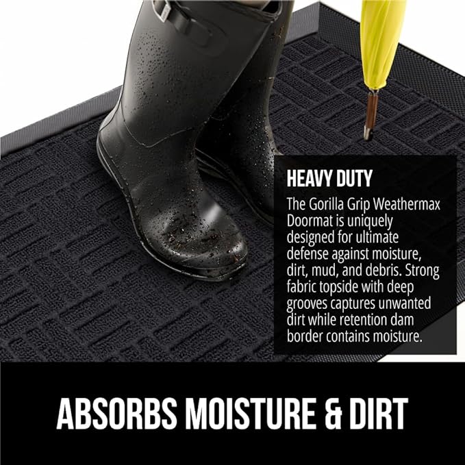 GORILLA GRIP 100% Waterproof All-Season WeatherMax Doormat, 47x35, US Designed Natural Rubber, Stain and Fade Resistant, Low Profile Indoor Outdoor Door Mats, Easy Clean Patio Mat, Midnight Maze