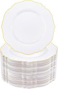 WDF 60pcs Gold Plastic Dinner Plates -10.25inch Baroque White and Gold Plates Fancy Plastic Plates for Upscale Bridal Shower & Wedding & Birthday