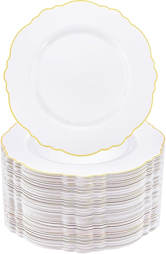 WDF 60pcs Gold Plastic Dinner Plates -10.25inch Baroque White and Gold Plates Fancy Plastic Plates for Upscale Bridal Shower & Wedding & Birthday