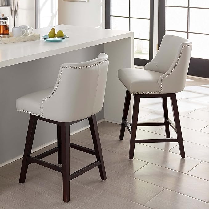 CHITA Counter Height Swivel Bar Stools, FSC Certified Upholstered Counter Stools, Modern Swivel Barstools with Wood Legs for Kitchen Island, 26" Seat Height, Faux Leather in Creamy Grey