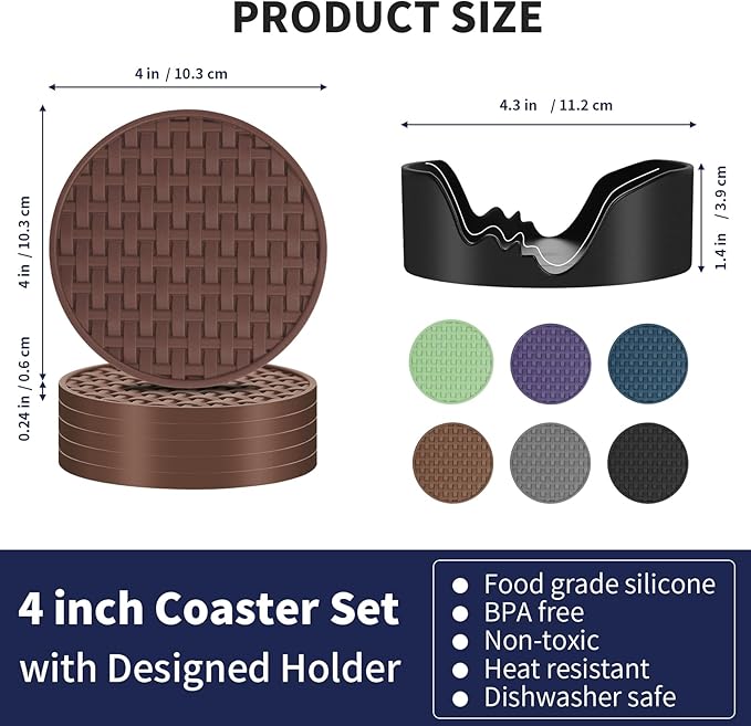 Brown Round Silicone Coasters with Holder, Heat Resistant & Waterproof Cup Mats, 4 Inches Non-Slip Decorative Coster Set 6 Packs for Home, Office, Kitchen, Coffee Bar Table