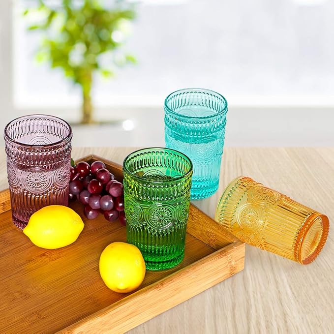 MDLUU Colored Glassware, Multicolor Drinking Glasses, Embossed Water Glasses, Colored Tumblers Glass, Capacity 12oz/345ml, Set of 4