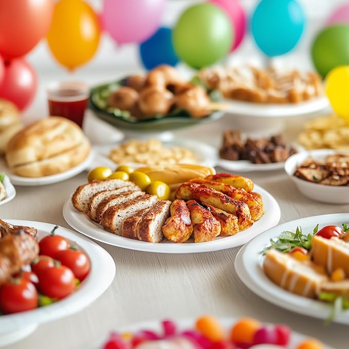 Freshware Paper Plates - Disposable 9" Plate, 125-Pack Biodegradable Sugarcane Fiber Dinner Plates - Heavy Duty Dinnerware for Hot Food - Microwave & Freezer Safe, Stackable Dinnerware