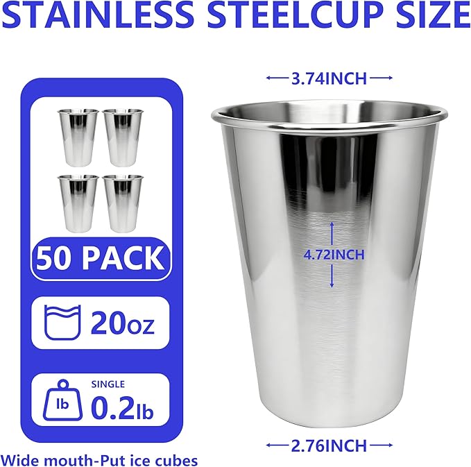 20PCS 20-OZ Tainless Steel Cups,Metal Cups, Stainless Steel Pint CupsStackable Unbreakable Drinking Glasses for Party, BBQ Camping, (50)