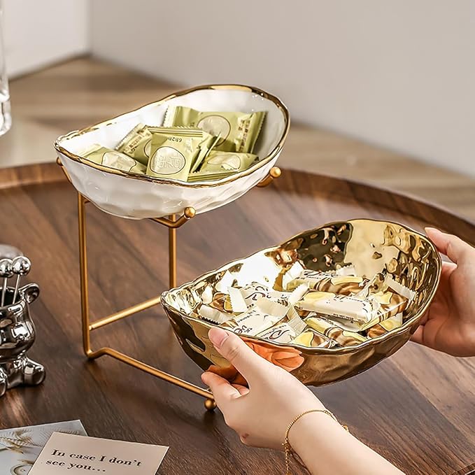 2-Tier Fruit Bowls for Kitchen Counter,Ceramic Bowl with Gold Metal Stand,2 Tier Fruit Basket for Fruit,Snack,Cake,Nuts,Dessert Space Saving Storage